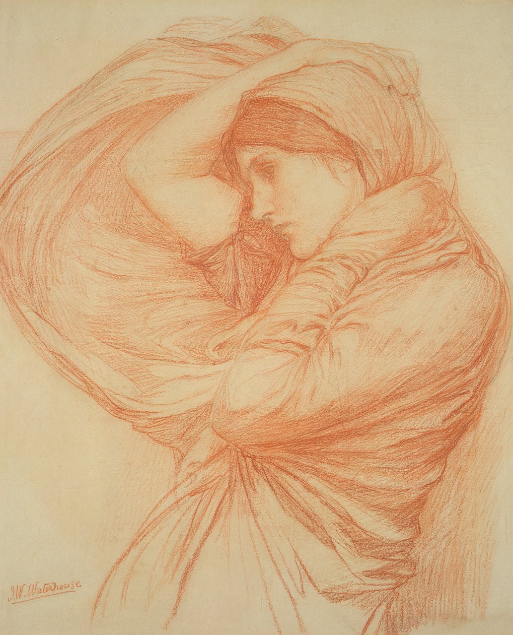Tutkimus "Boreas" (punainen liitu sävytetylle paperille) tekijältä John William Waterhouse
