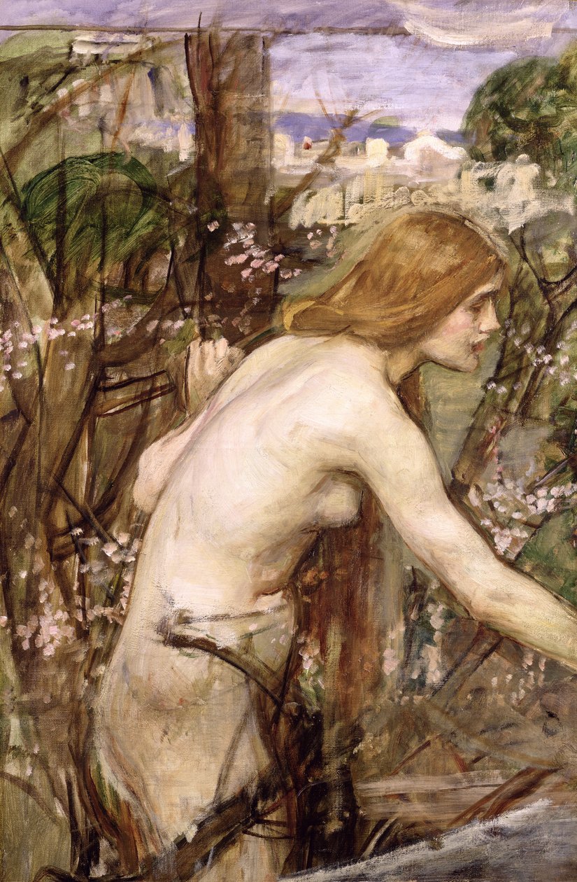 Kukkapoimija (öljy kankaalle asetettuna alukselle) tekijältä John William Waterhouse
