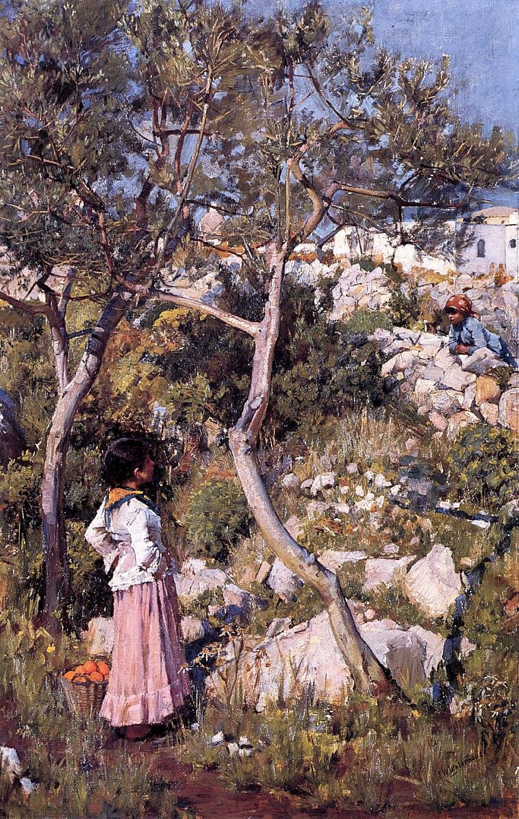 Kaksi pientä italialaista tyttöä kylässä tekijältä John William Waterhouse