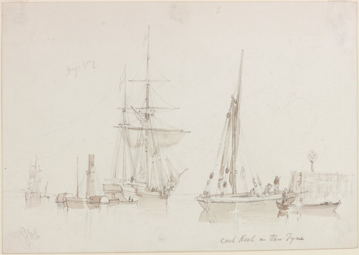 Coal Keel on the Tyne (lyijykynä ja akvarelli (yksivärinen) paperille (kerma)) tekijältä John Wilson Carmichael