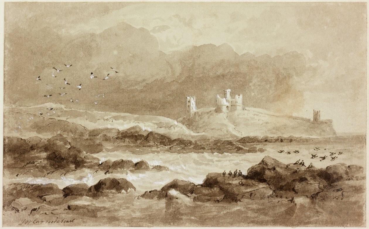 Dunstanburgh etelästä (vartalon väri (valkoinen) ja muste (seepia) paperilla) tekijältä John Wilson Carmichael