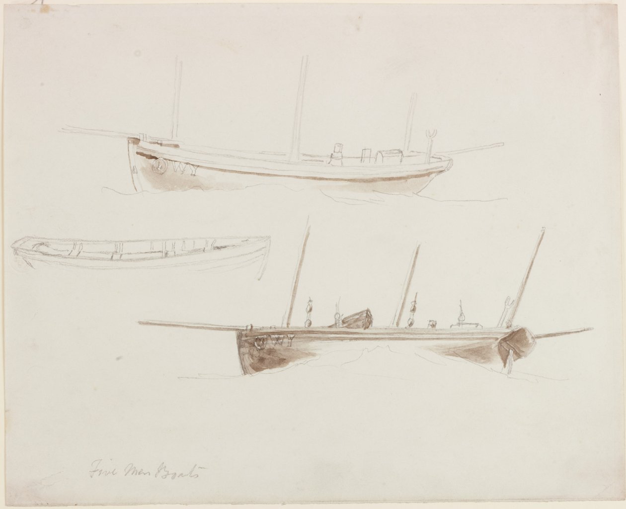Five Men Boats (lyijykynä ja akvarelli (yksivärinen) paperille) tekijältä John Wilson Carmichael