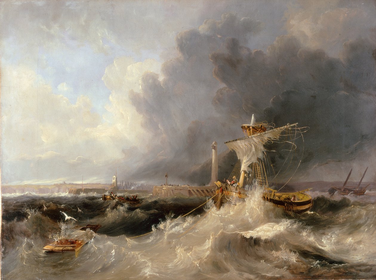 Sunderlandin vanha laituri ja majakka Ryhope-kirkolla etäisyydellä, 1840 tekijältä John Wilson Carmichael