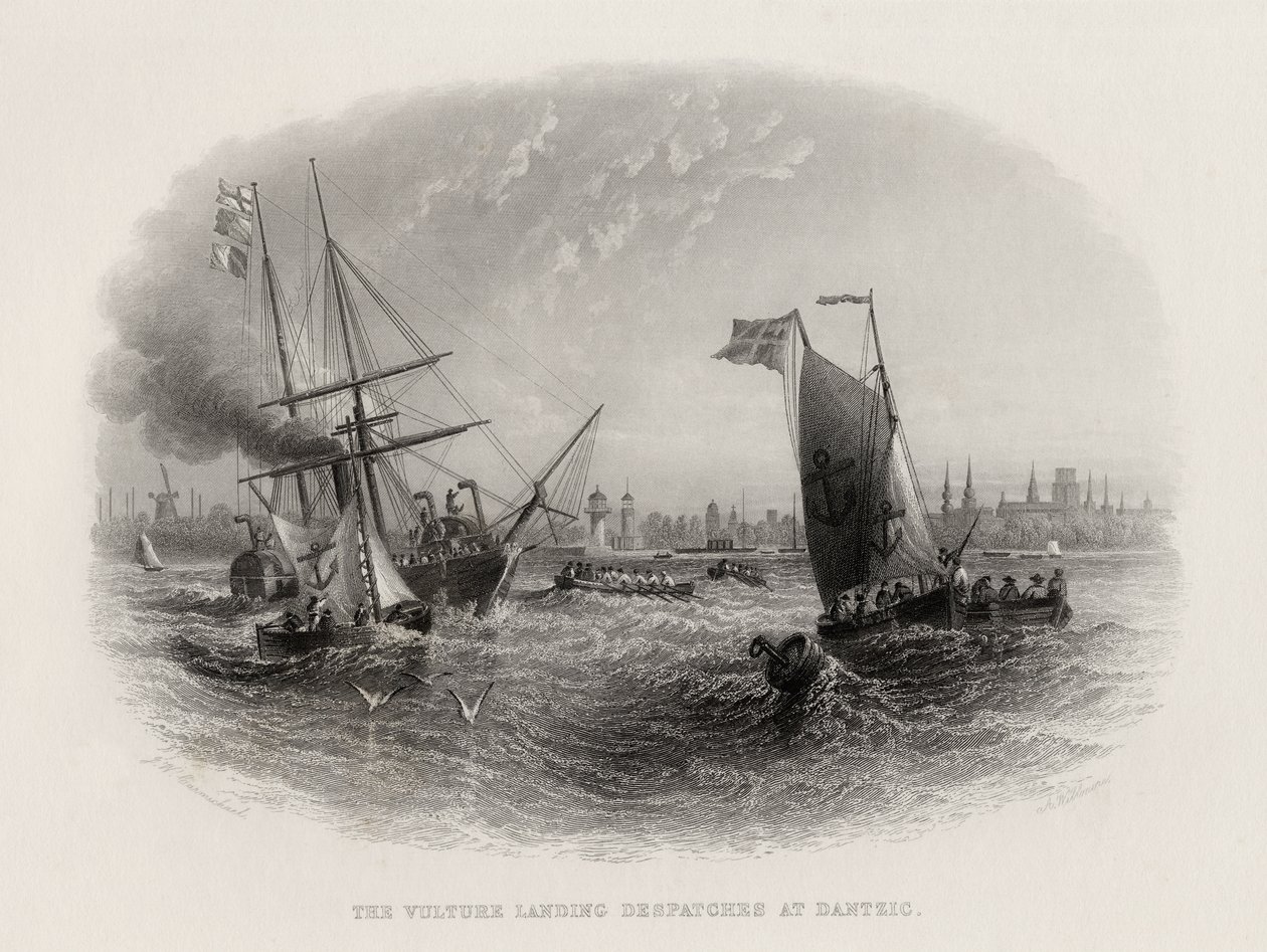 Korppikotkan laskeutumislähetykset Dantzigiin, kaiverrus Arthur Willmore (1814-88) tekijältä John Wilson Carmichael