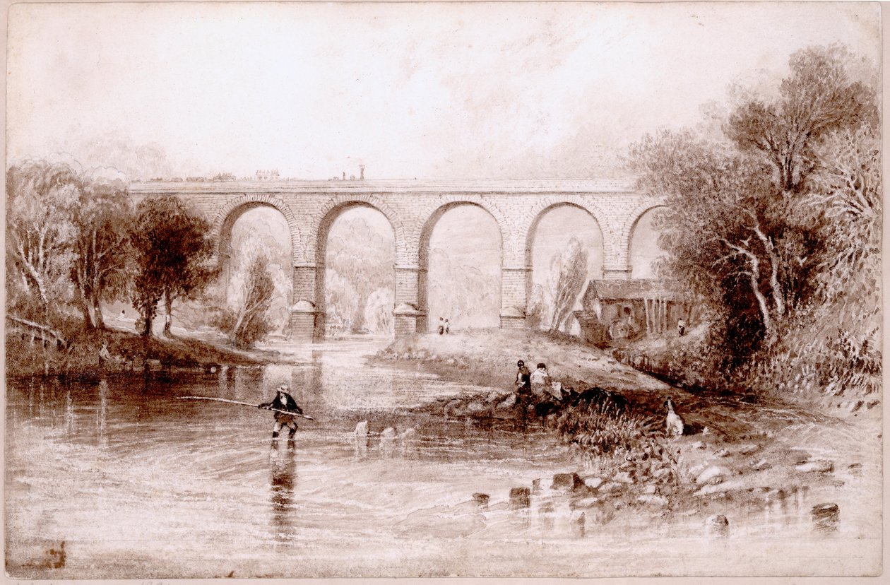 Wetheral Bridge, 1836 (wc ja muste paperille) tekijältä John Wilson Carmichael