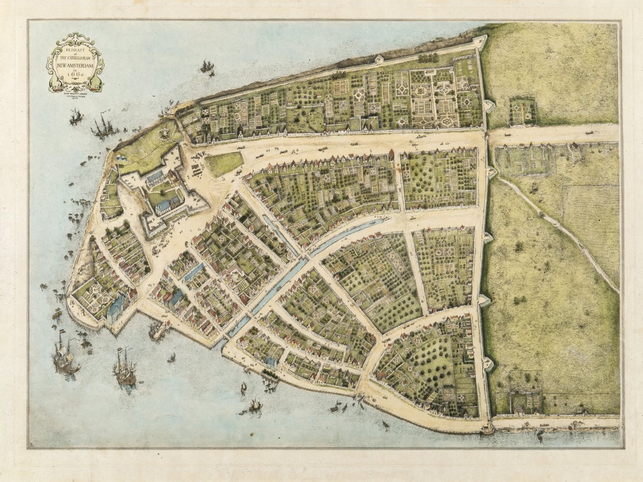 Uudelleenluonnos Castellon suunnitelmasta, Uusi Amsterdam, sellaisena kuin se ilmestyi vuonna 1660, 1916 (väripesu paperille) tekijältä John Wolcott Adams