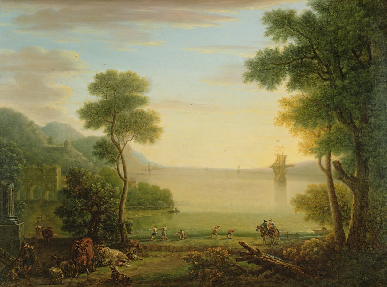 Klassinen maisema hahmoilla ja eläimillä, Auringonlasku, 1754 tekijältä John Wootton