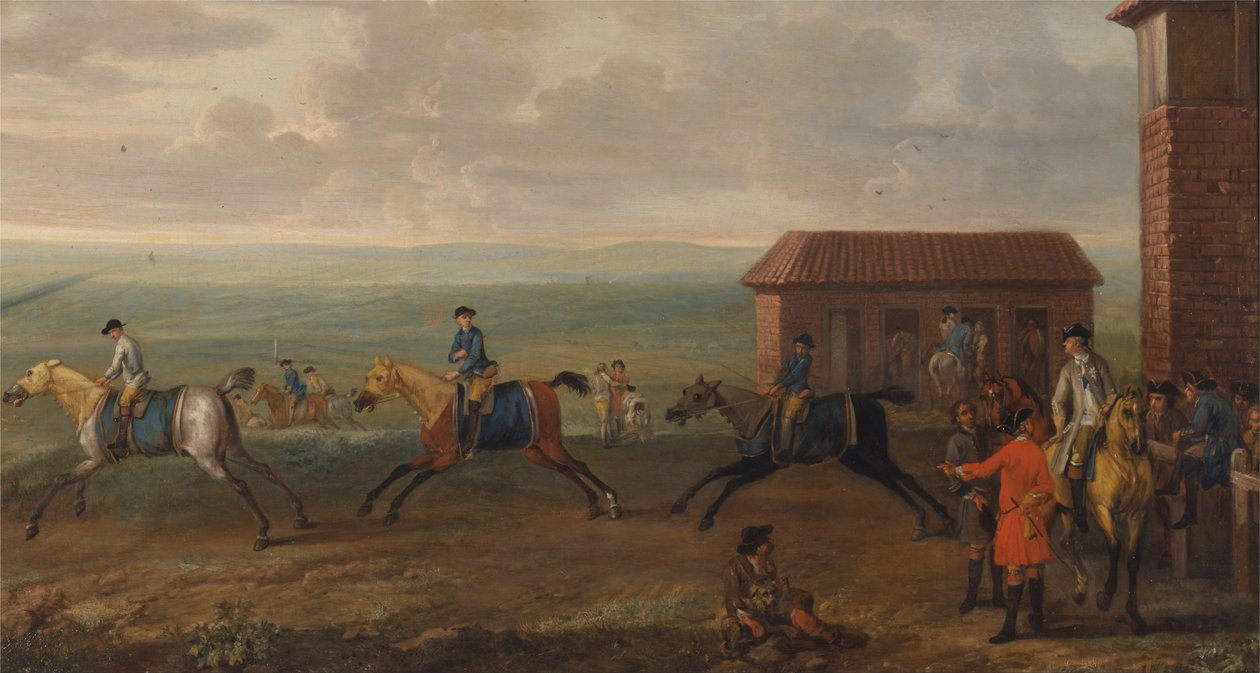 Lord Portmore katsomassa kilpahevosia harjoituksessa Newmarket Heathilla tekijältä John Wootton