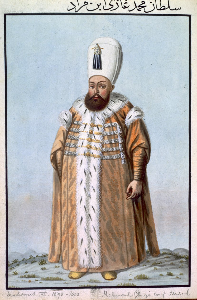 Mahomet (Mehmed) III (1566-1603) Sulttaani 1595-1603, teoksesta "A Series of Portraits of the Emperors of Turkey", 1808. tekijältä John Young