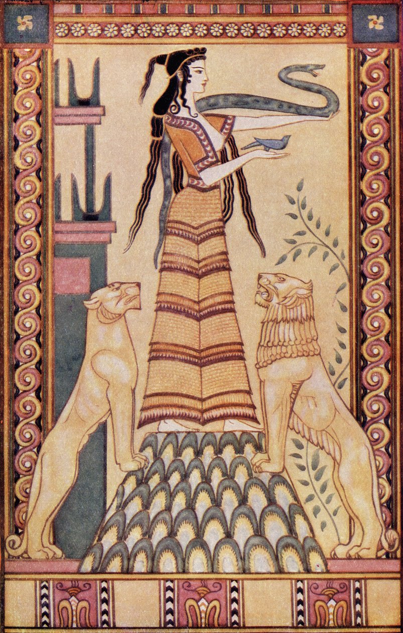 Kreetan käärmejumalattar, kuvitus Donald A. Mackenzien teoksesta "Myths of Crete and Pre-Hellenic Europe", julkaistu vuonna 1917 tekijältä after John Duncan