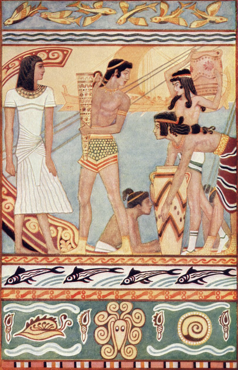 Kreetalaiset kauppiaat, kuvitus Donald A. Mackenzien vuonna 1917 julkaisemasta teoksesta "Myths of Crete and Pre-Hellenic Europe". tekijältä after John Duncan
