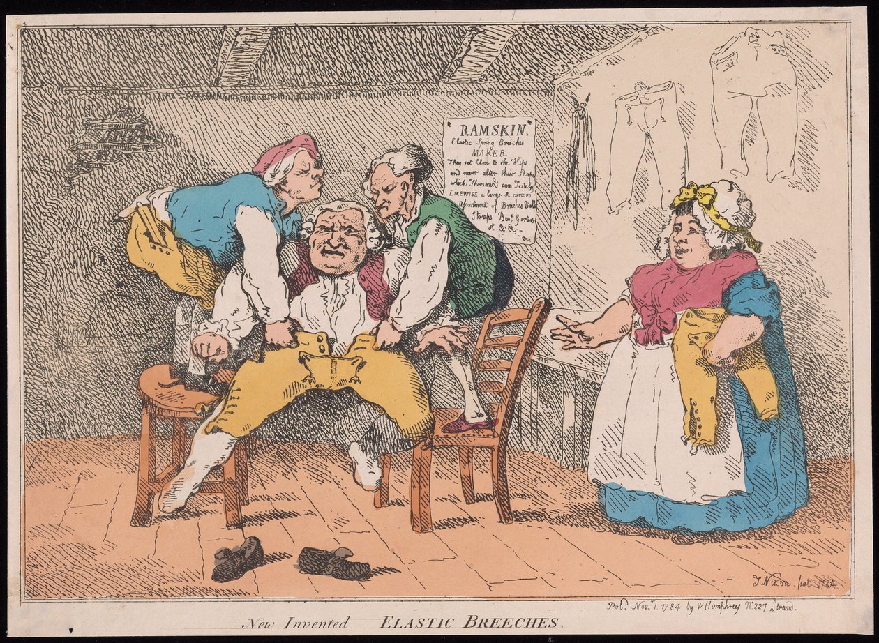 Uusi keksitty - Joustohousut, pub. 1784 (käsinvärinen kaiverrus) tekijältä John after Nixon