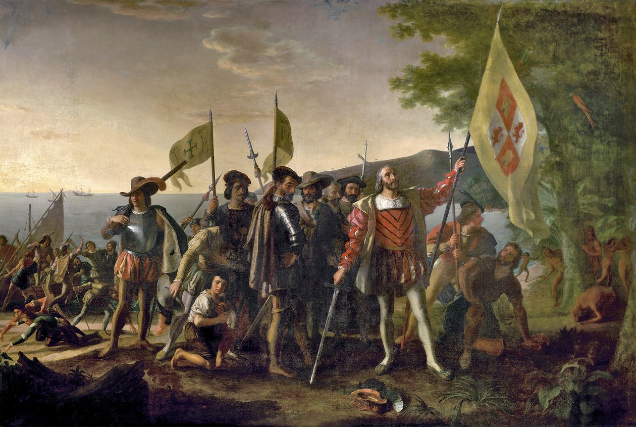 Christopher Columbus laskeutuu San Salvadoriin Bahamalla 12. lokakuuta 1492, pub. 1825 tekijältä John after Vanderlyn