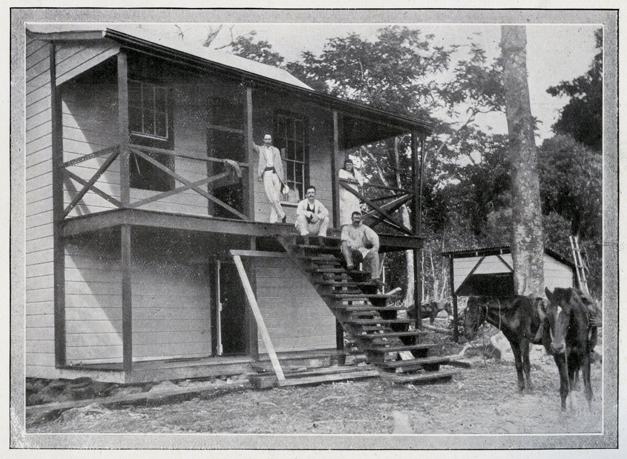 Robert Louis Stevenson ja hänen vaimonsa Fanny talonsa verannalla Vailimassa, Samoalla, noin 1892. tekijältä John of Apia Davis