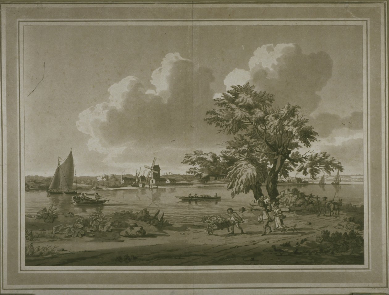 Figuurit kuljettavat vihanneksia Thames-joen rannalla (akvatinta) tekijältä John the Elder Cleveley