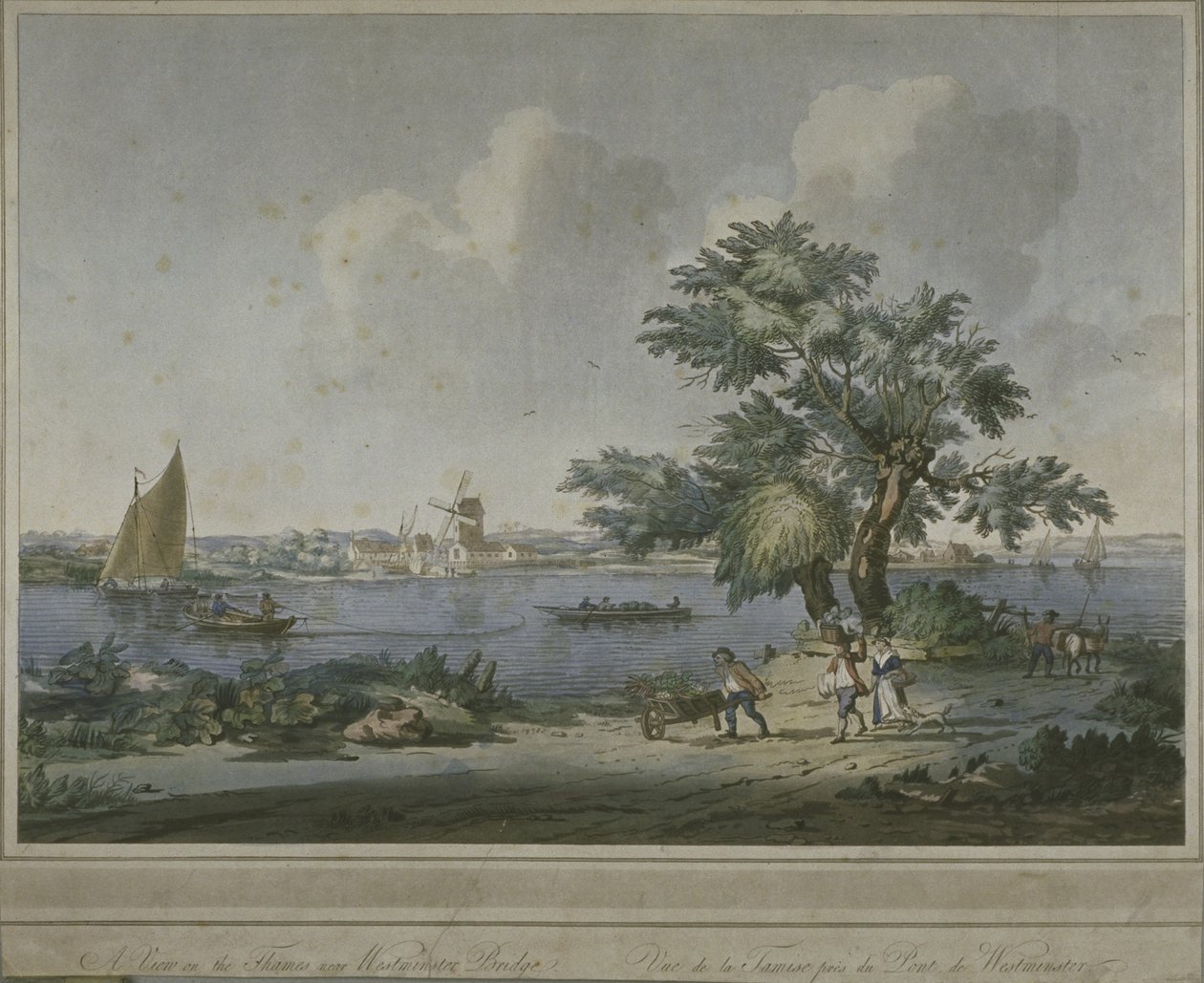 Näkymä hahmoista, jotka kuljettavat vihanneksia Thames-joen rannalla, 1787 (akvatinta) tekijältä John the Elder Cleveley