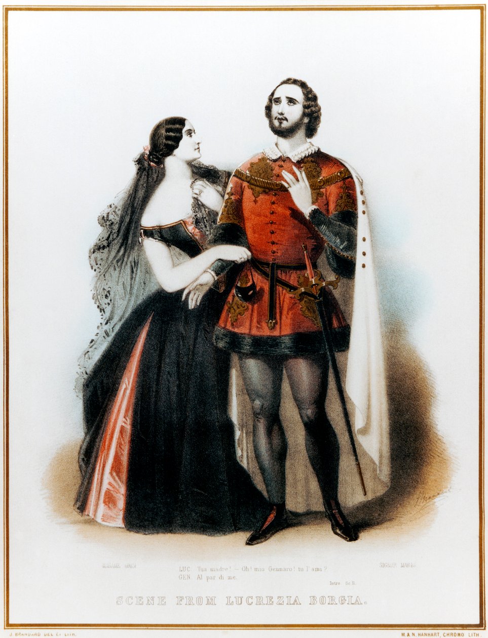 Gaetano Donizettin ooppera Lucrezia Borgia - Johdatus II-kohtaukseen Marion (italialainen tenori: 1810-1883) ja Grisin (1811-1869) kanssa Lontoossa, HM Theater Production, 6. kesäkuuta tekijältä John (after) Brandard