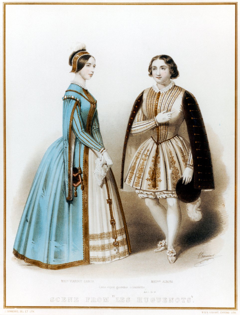 Pauline Viardot-Garcia, espanjalaissyntyinen ranskalainen mezzosopraano ja säveltäjä ja Marietta Alboni, italialainen kontralto, Meyerbeerin Les Huguenots -elokuvan I näytös, kohtaus 9 tekijältä John (after) Brandard
