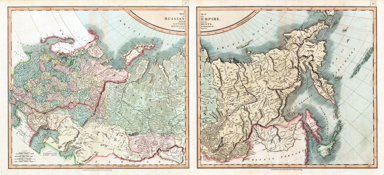 Kartta Venäjän valtakunnasta jaettuna sen hallituksiin Cary, Johnin (n. 1754-1835) puolesta. Etsaus, akvarelli tekijältä John (after) Cary