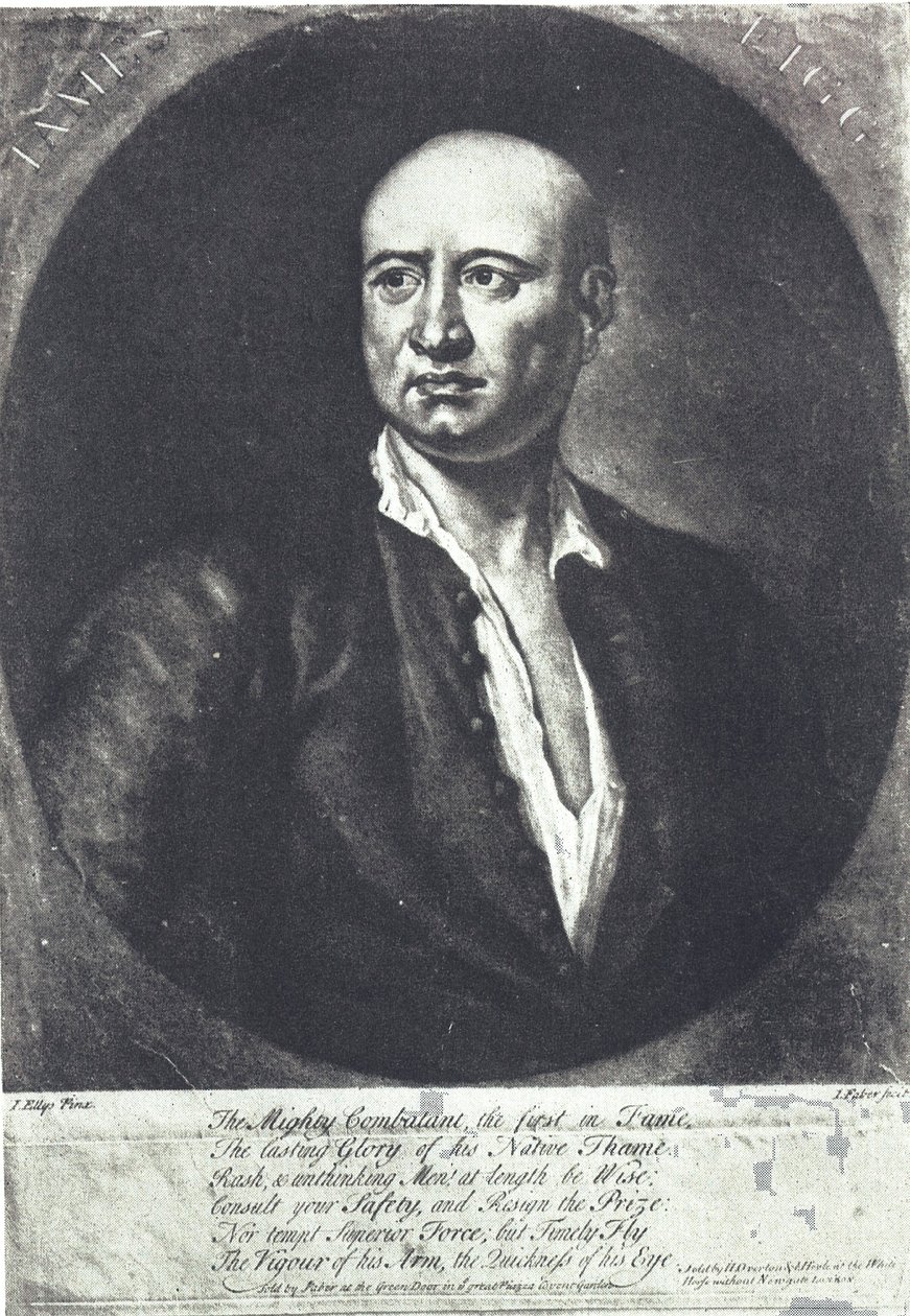 James Figg, ensimmäinen Englannin paljasnyrkkeilyn mestari, kuoli 1734 (kaiverrus) tekijältä John (after) Ellys