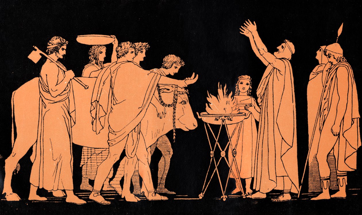 Nestor, Pylosin kuningas ja Troijan sodan entinen soturi, uhraa härkiä Poseidonille, kohtaus Homeroksen teoksesta 