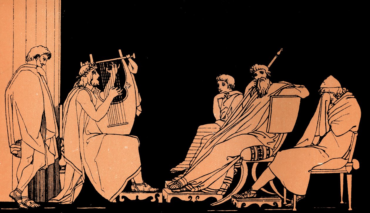 Odysseus itkee Demodokuksen laulua, Homeroksen Odysseia, Flaxmanin mukaan (painokuva). tekijältä John (after) Flaxman
