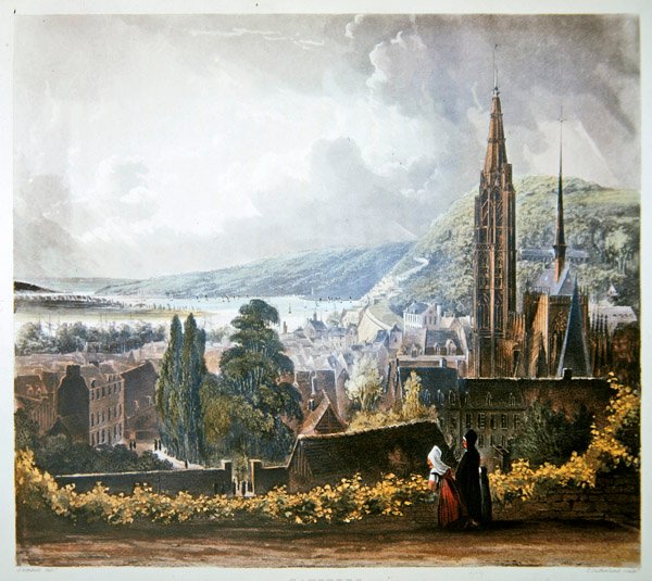 Caudebec, Thomas Sutherlandin (s.1785) kaiverruksesta "Views on the Seine", jonka julkaisi R. Ackermann (1764-1834) 1821 (värilitografia). tekijältä John (after) Gendall