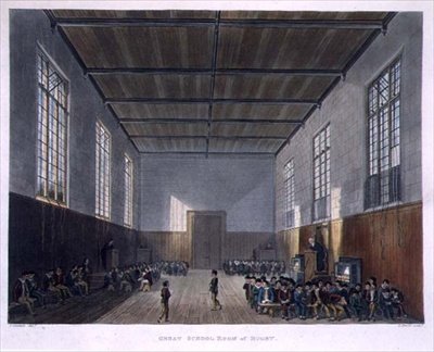 Great School Room of Rugby, "History of Rugby Schoolista", osa "History of the Colleges", kaiverruksesta Daniel Havell (1785-1826) pub. kirjoittanut R. Ackermann tekijältä John (after) Gendall
