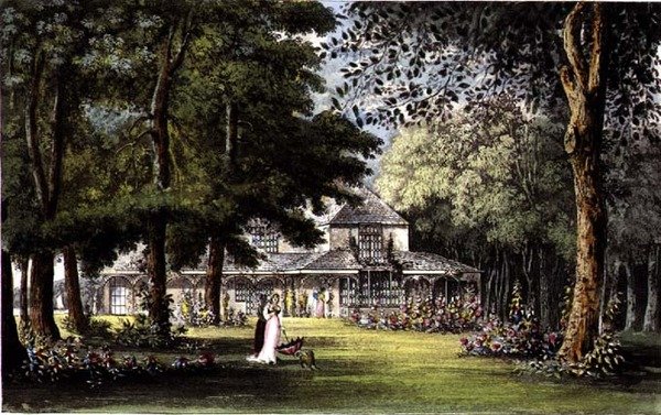 Prinsessa Elisabetin mökki, Old Windsor, R. Ackermannin (1764-1834) "Repository of Arts" -teoksesta. tekijältä John (after) Gendall
