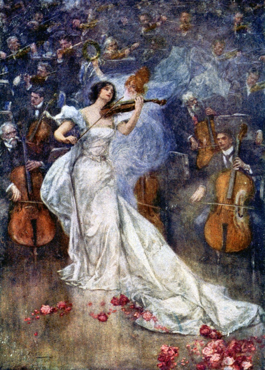 Musiikki. Viulukonsertto. Kuvitus Gulich, Tšekki, n.1900 (postikortti) tekijältä John (after) Gulich