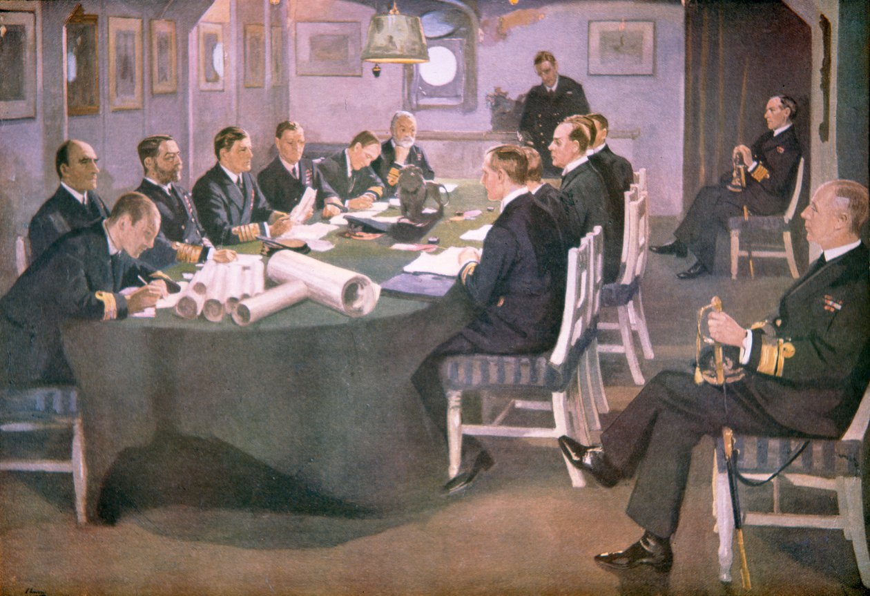 Amiraali Sir David Beatty lukee aselevon ehdot saksalaisille edustajille HMS Queen Elizabeth -laivalla Rosythissa tekijältä John (after) Lavery