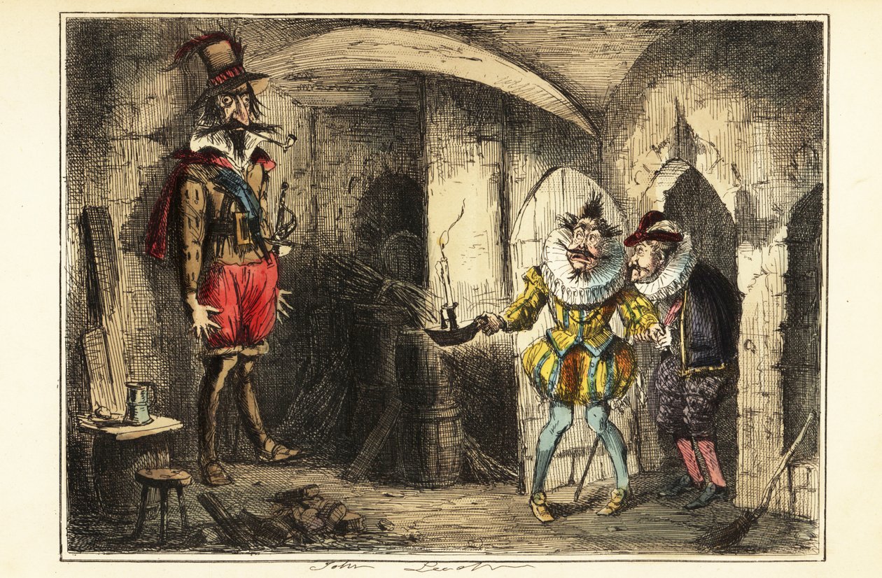 Guy Fawkes, ruutijuonen johtaja, jäi kiinni parlamenttitalon kellarista 5. marraskuuta 1604 tekijältä John (after) Leech