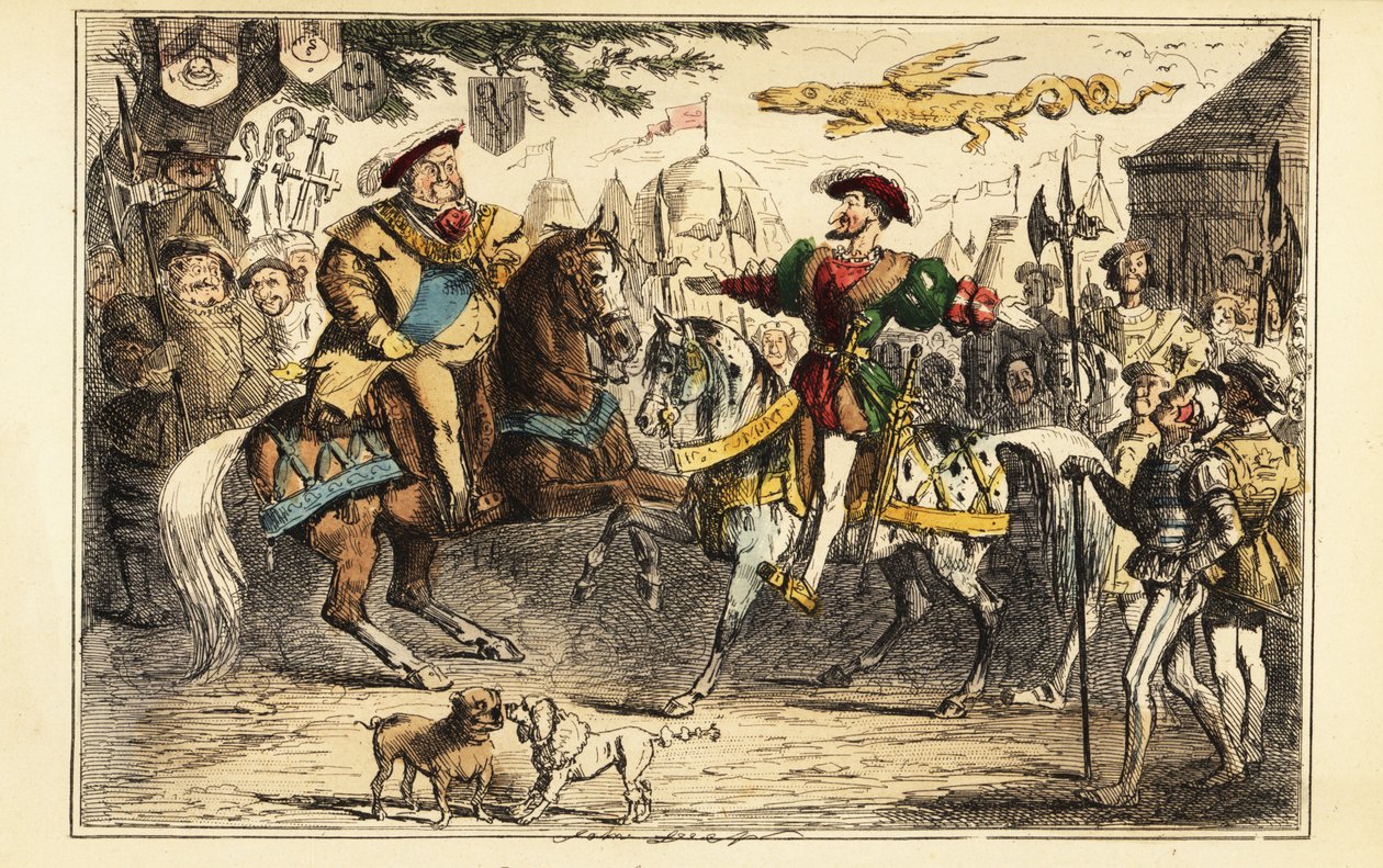 Englantilainen Henrik VIII tapasi ranskalaisen Francis I:n hevosen selässä kultakankaalla, 7. kesäkuuta 1520 tekijältä John (after) Leech