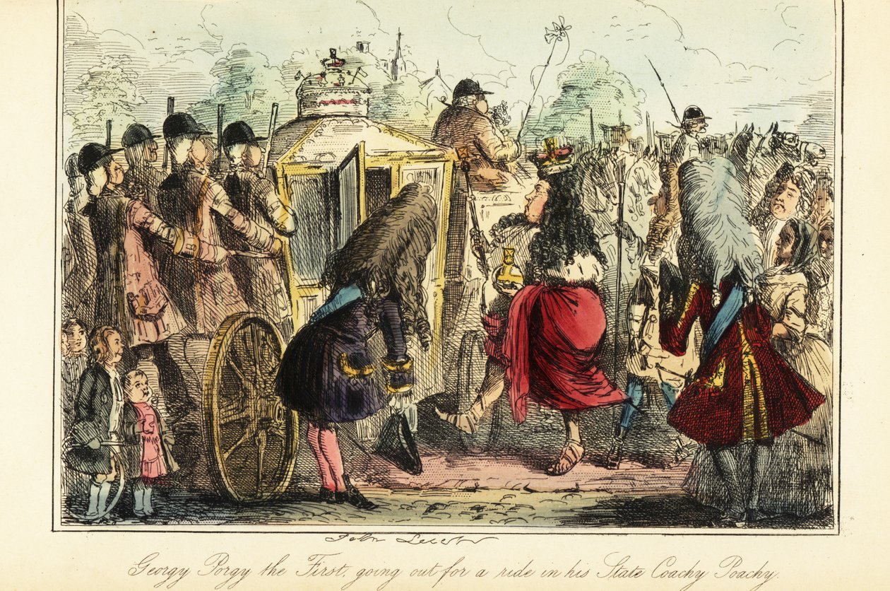 Englannin kuningas Yrjö I astuu kuninkaalliseen linja-autoon Osnabrückiin kuolemansa yönä 22. kesäkuuta 1727 tekijältä John (after) Leech