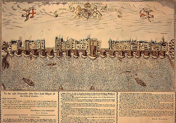 Näkymä London Bridgelle idästä länteen, uusintapainos vuoden 1624 kaiverruksesta tekijältä John (after) Norden
