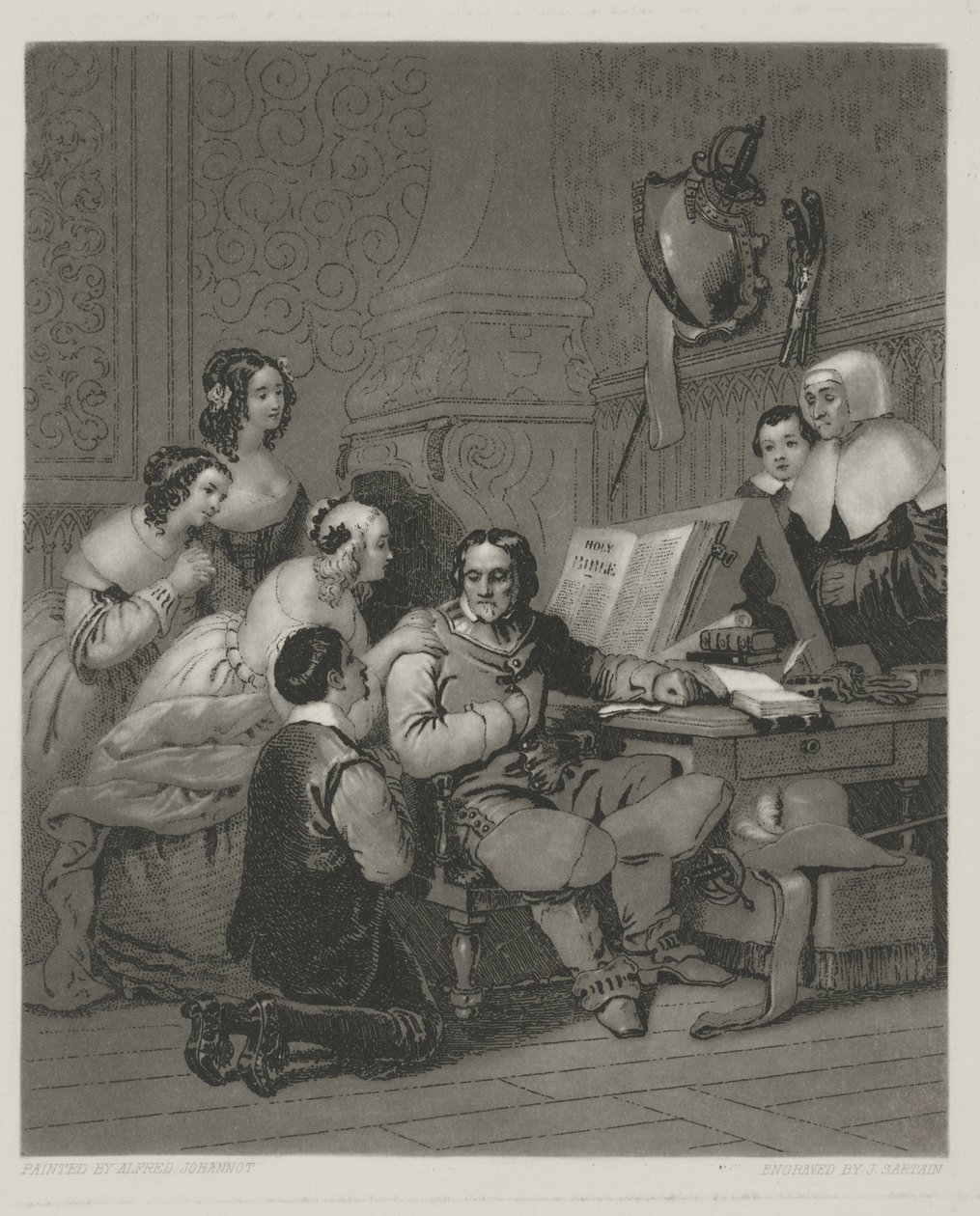 Cromwellin perhe rukoilee Charles I:n elämän puolesta, vedos Alfred Johannot (mezzotint) tekijältä John (after) Sartain