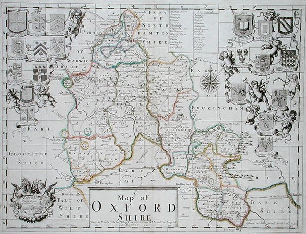 John Oliverin ja Richard Palmerin kaiverrettu ja käsin värjätty Oxfordshiren kartta, julkaisija Philip Lea, n. 1690 (värikaiverrus) tekijältä John (after) Sellar