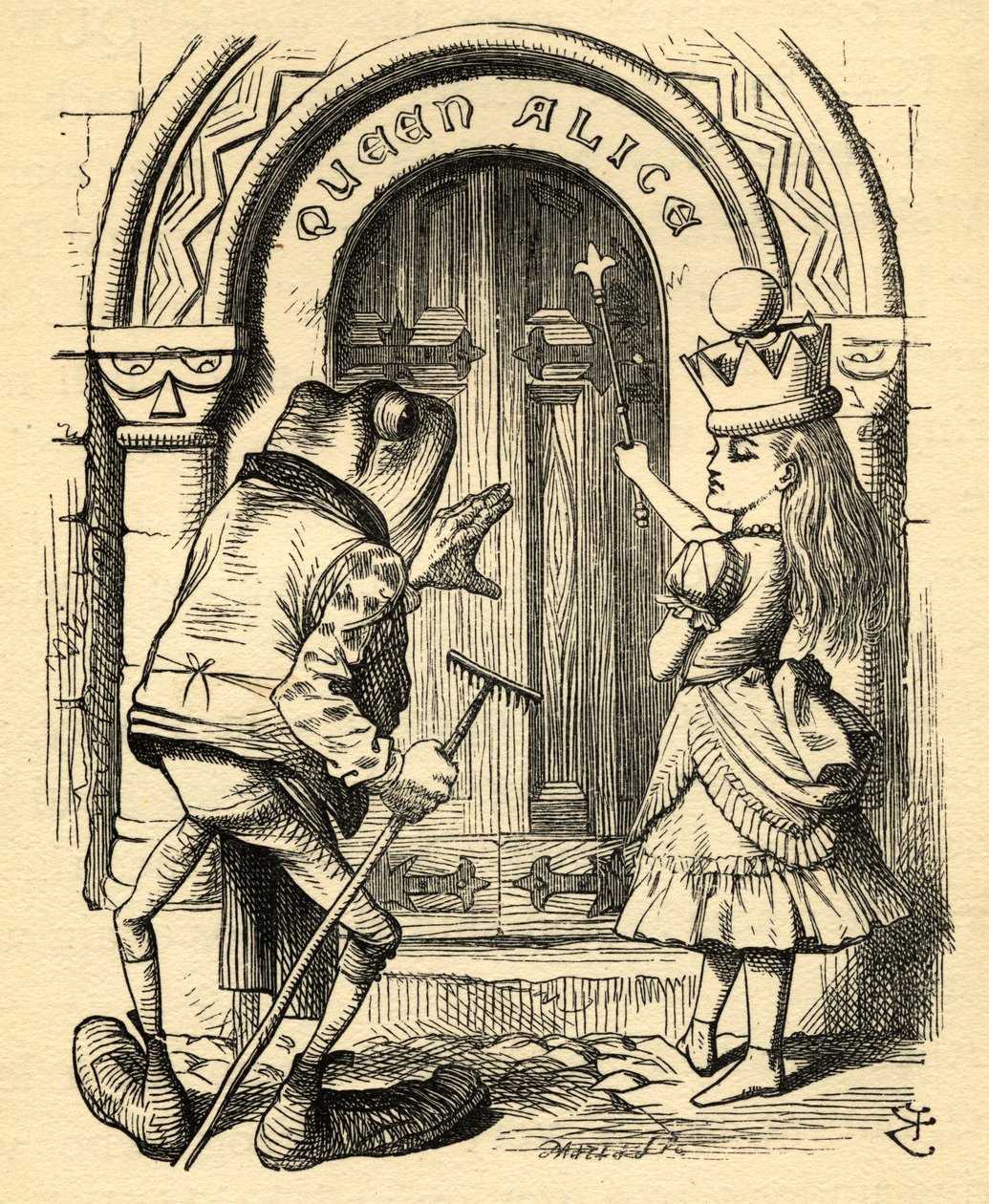 Liisa ja sammakko, kuvitus Lewis Carrollin (1832-98) teoksesta Through the Looking Glass, julkaistu ensimmäisen kerran 1871 (litho) tekijältä John (after) Tenniel
