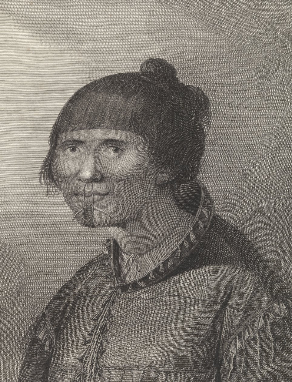 Oonalashkan nainen, 1700-luvun loppupuoli (kaiverrus). tekijältä John (after) Webber