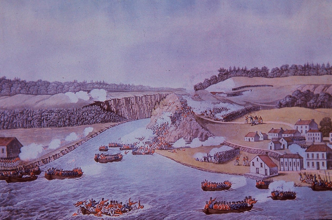 Queenston Heightsin taistelu (väri litho) tekijältä Walter Charles Mills