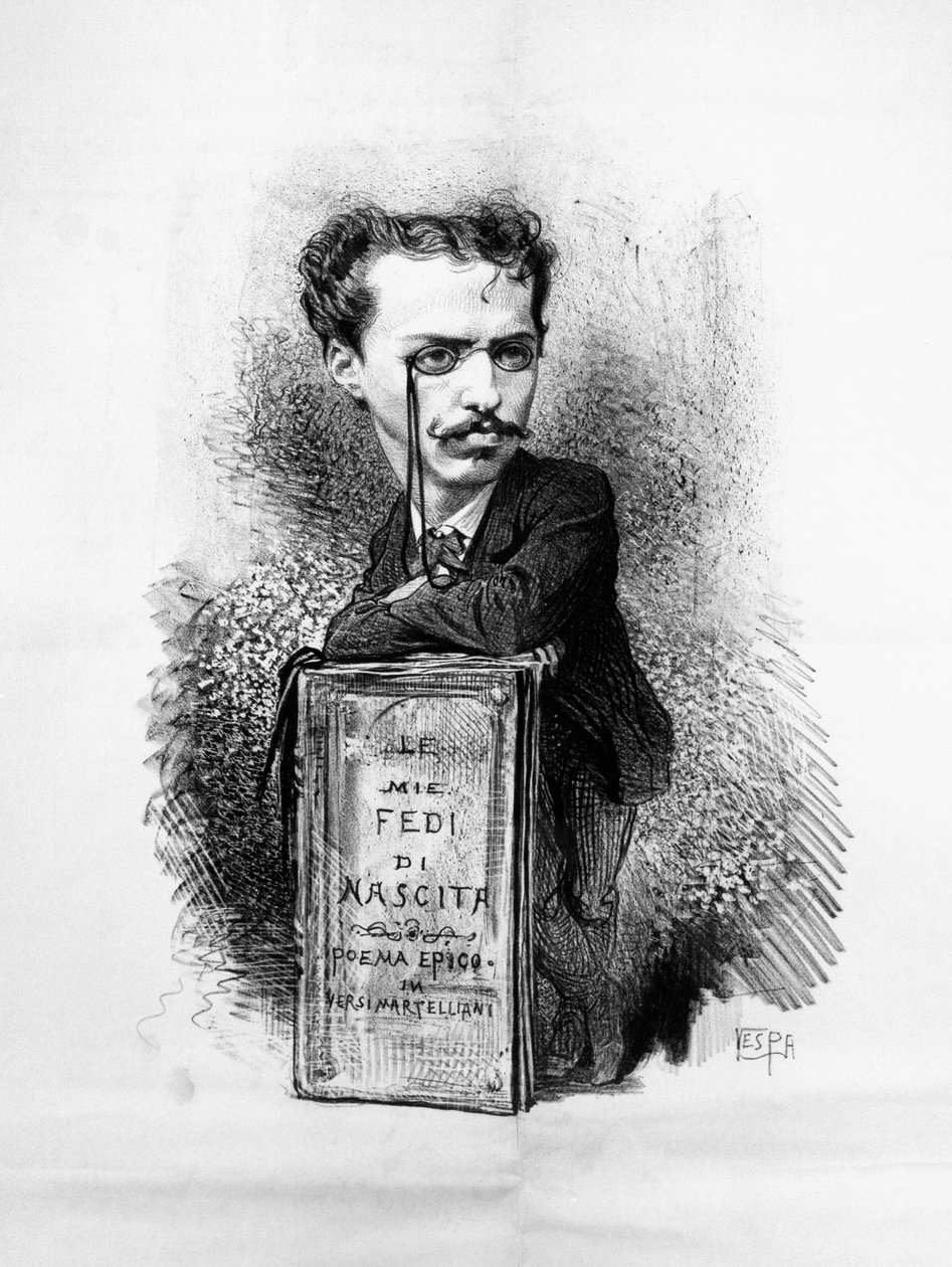 Karikatyyri muotokuva Felice Carlo Emanuele Cavallottista (1842-1898), italialainen runoilija, näytelmäkirjailija, vasemmisto, antimonarkistinen toimittaja, patriootti ja poliittinen johtaja, kaiverrus tekijältä Walter Charles Mills