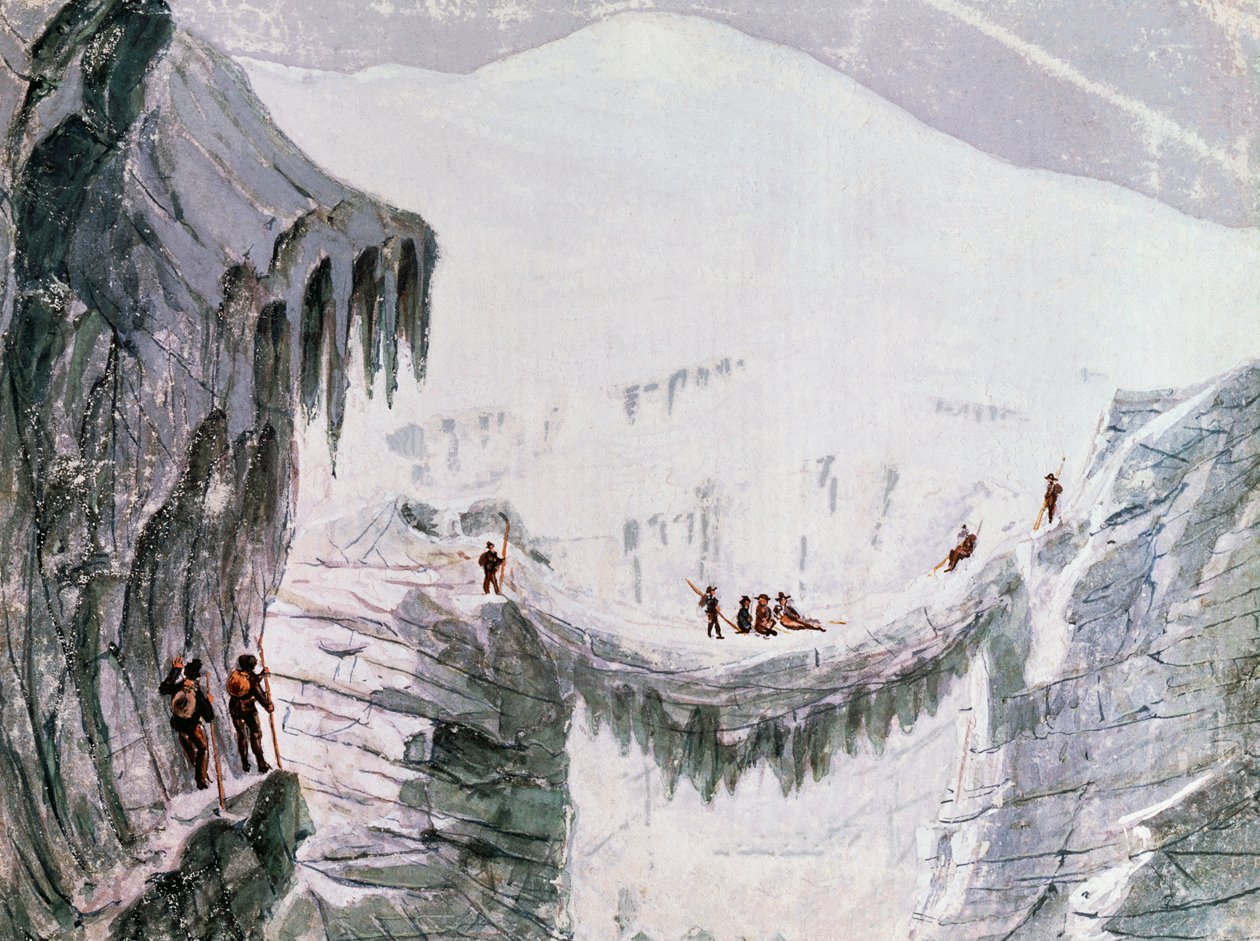 Kiipeily Mont Blancilla, kiipeilijät ripustettu railosta, akvarelli, Ranska tekijältä Walter Charles Mills