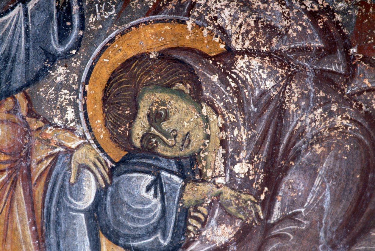 Ioannis Pagomenoksen pyhimyksen figuuri, yksityiskohta freskosta bysanttilaisessa Pyhän Yrjön kirkossa, Anidri, Kreeta, Kreikka (kuva) tekijältä Walter Charles Mills