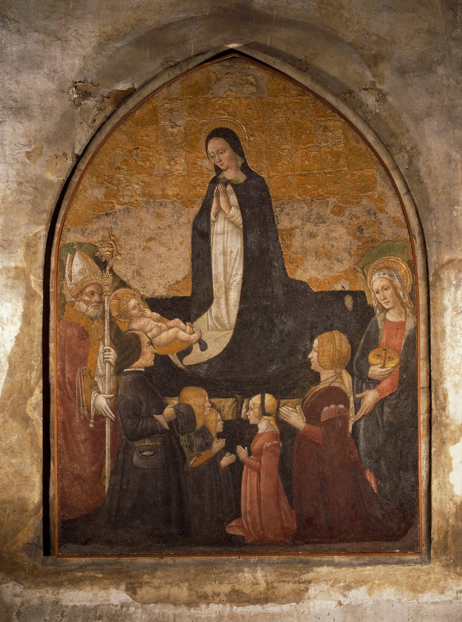 Italia, Milano, Pyhän Marian armollisen kirkko, Tornin kappeli, Neitsyt palvoo lasta, fresko tekijältä Walter Charles Mills