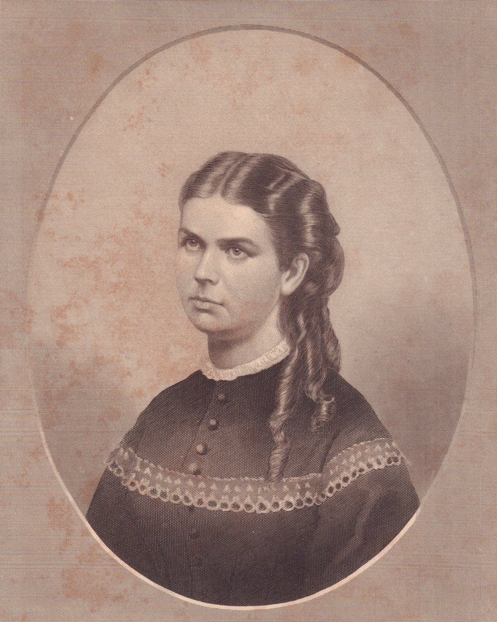 Pastori Edward Archibald Wanlessin vaimon Ada Kinsmanin (1845-1871) muotokuva, FE Jonesin kaiverrus, noin 1870 tekijältä Walter Charles Mills
