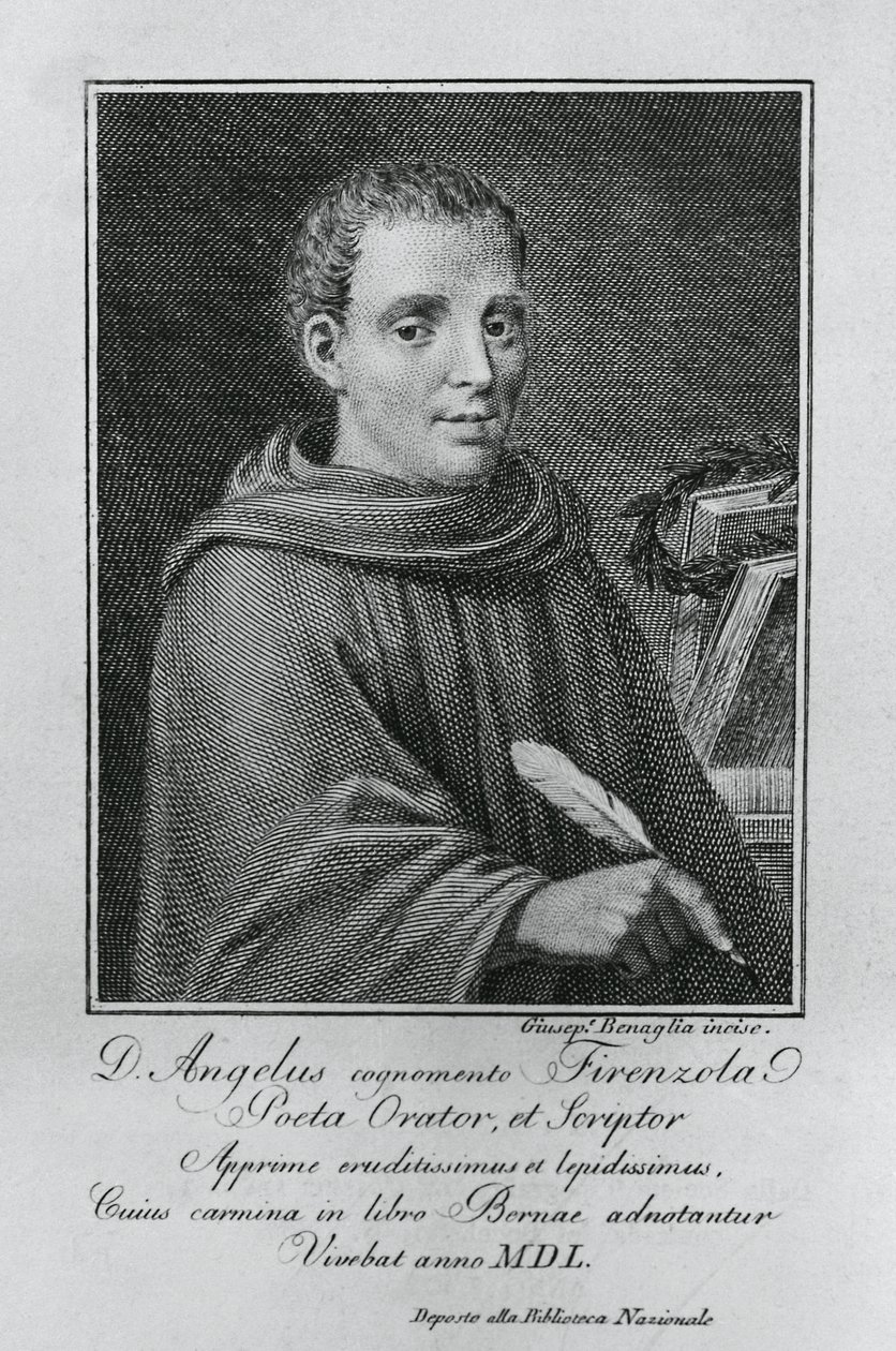 Agnolo Firenzuolan (1493-1543), italialaisen kirjailijan ja humanistin muotokuva, Giuseppe Benaglian (noin 1796-1830) kaiverrus tekijältä Walter Charles Mills