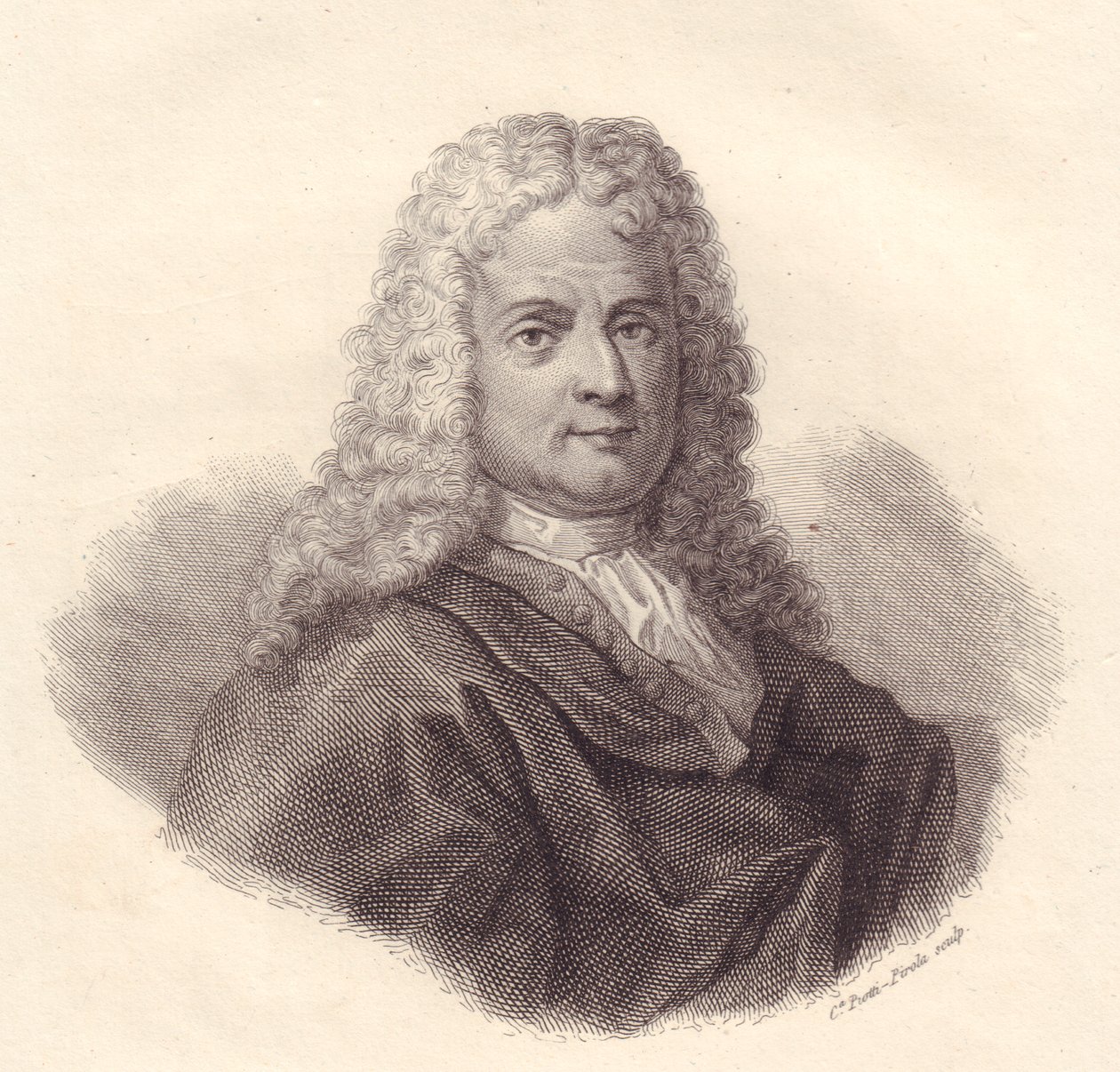 Italialaisen matemaatikon Jacopo Riccatin (1676-1754) muotokuva, Caterina Piotti-Pirolan kuparikaiverrus tekijältä Walter Charles Mills