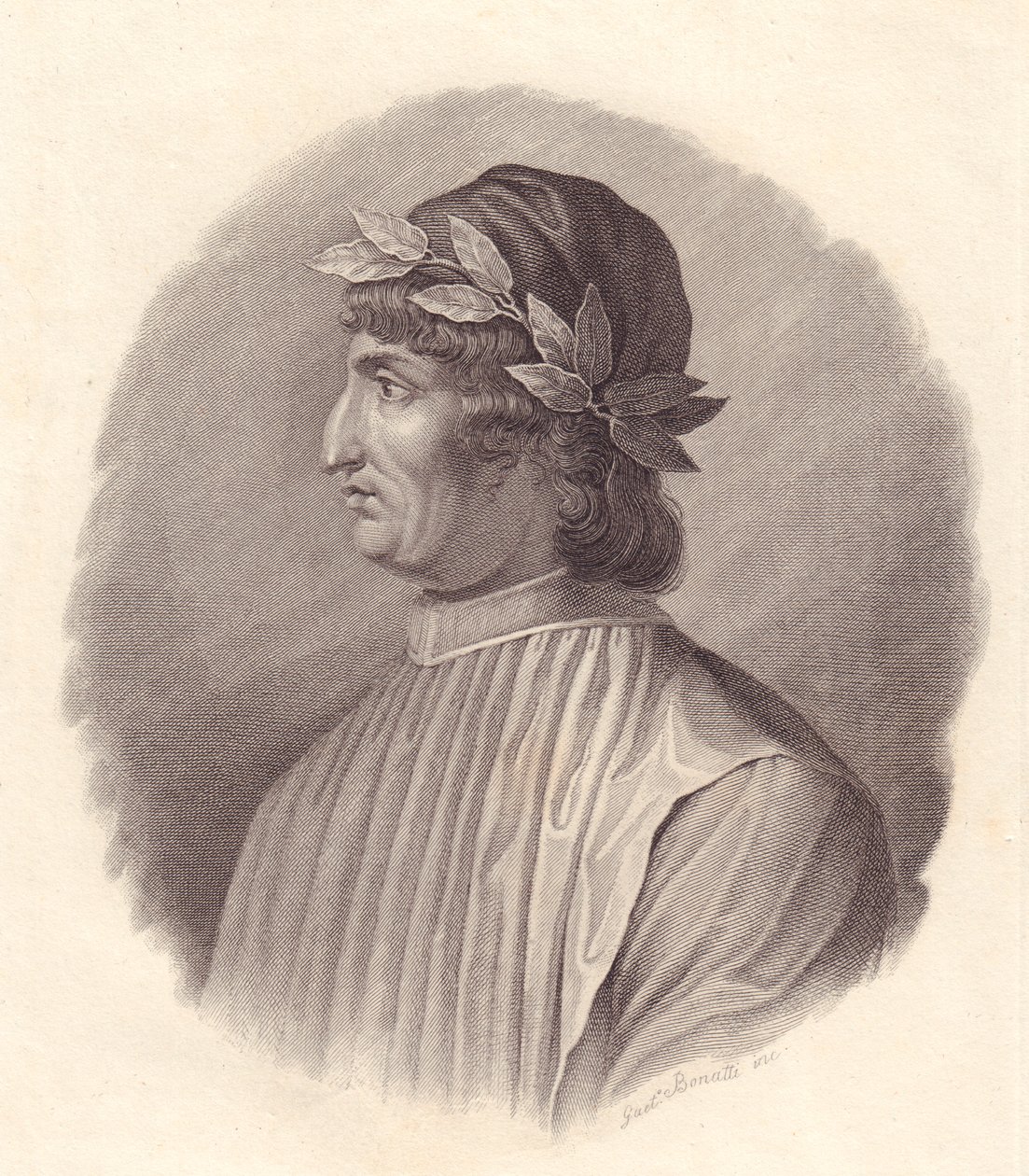 Italian runoilijan ja humanistin Angelo Ambroginin muotokuva, joka tunnetaan myös nimellä Poliziano (1454-1494), G Bonattin kuparikaiverrus tekijältä Walter Charles Mills