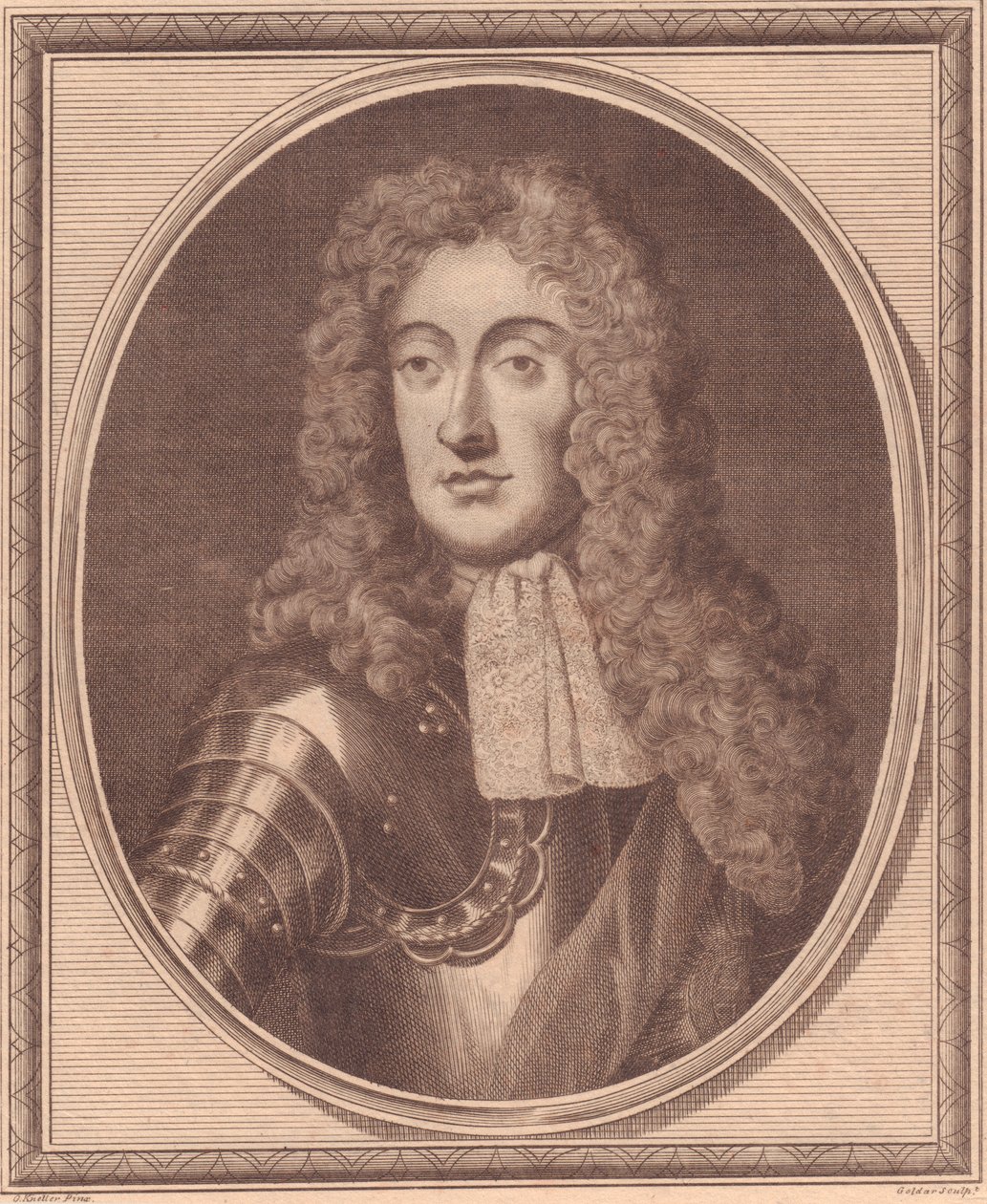Englannin Jaakko II:n (1633-1701) muotokuva, John Goldarin (1729-1795) kuparikaiverrus G Knellerin maalauksesta. tekijältä Walter Charles Mills