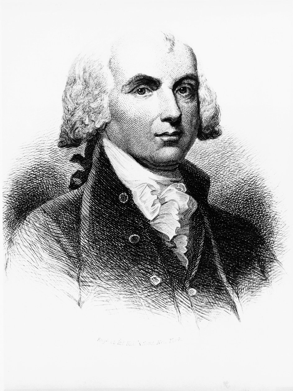 Muotokuva James Madisonista (1751-1836), perustajaisä, yhdysvaltalainen poliitikko, Yhdysvaltain neljäs presidentti 1809-1817 ja yksi perustuslain isistä, kaiverrus tekijältä Walter Charles Mills